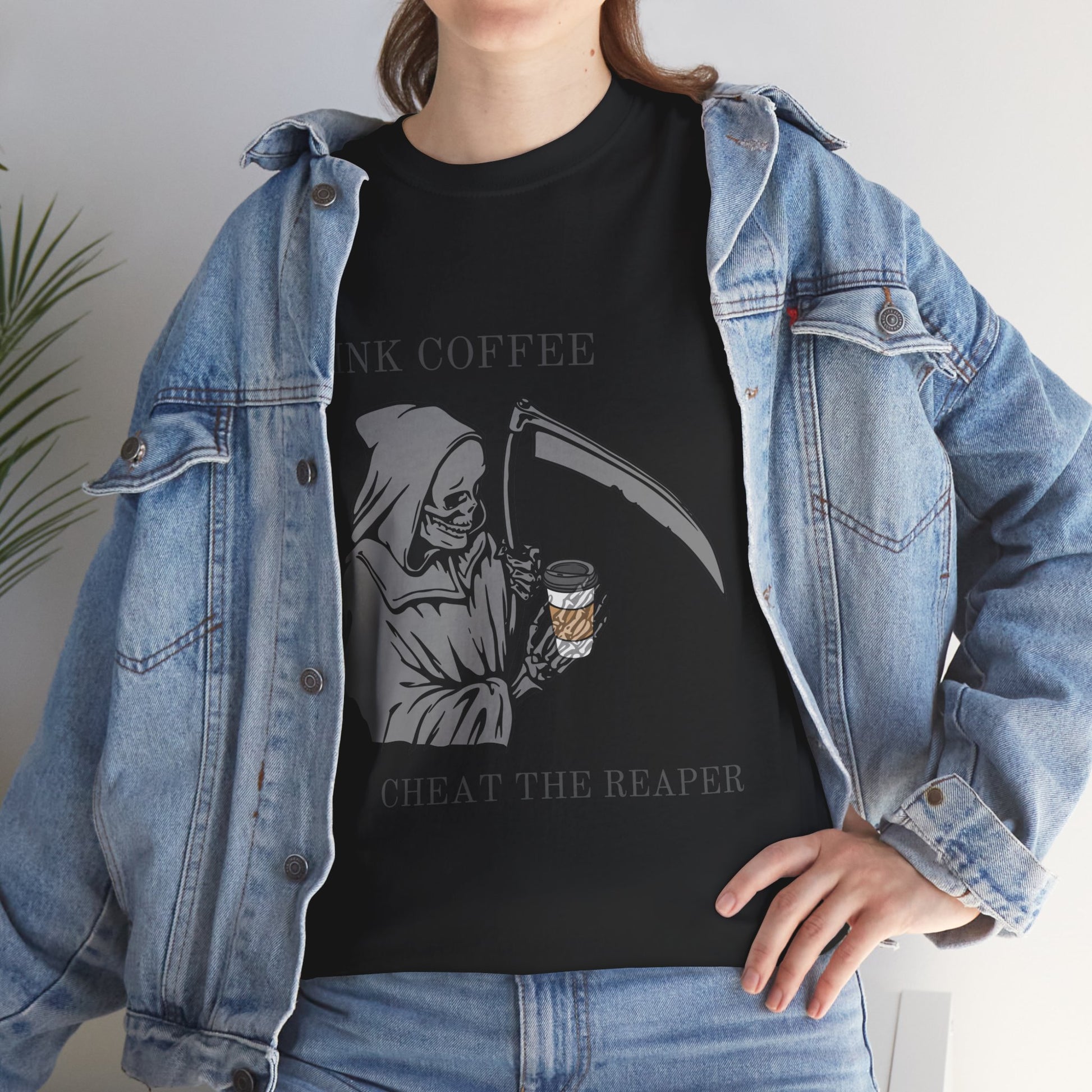 Drink Coffee Cheat the Reaper - Unisex Heavy Cotton T-Shirt | Perfect Gift for Coffee Addicts