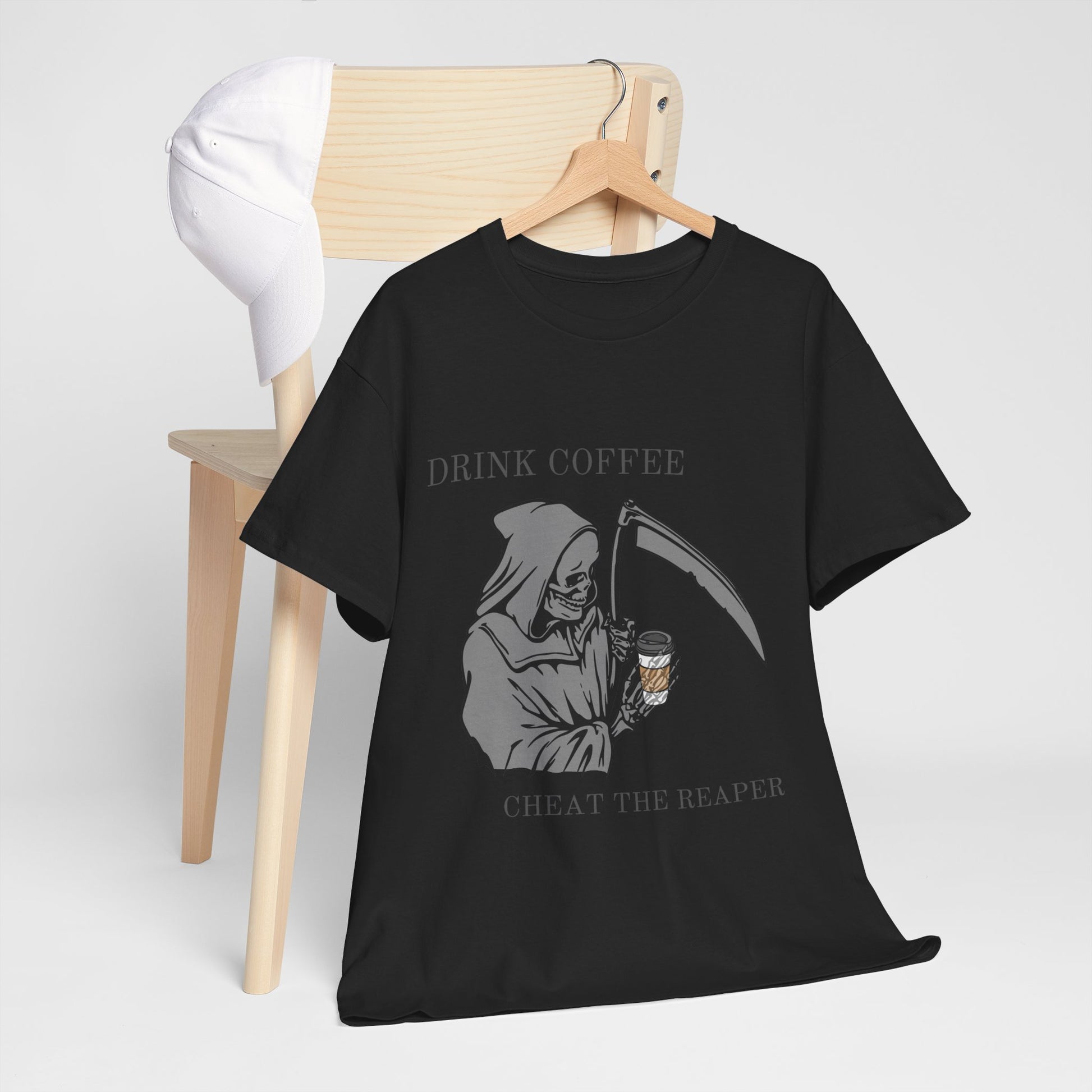 Drink Coffee Cheat the Reaper - Unisex Heavy Cotton T-Shirt | Perfect Gift for Coffee Addicts